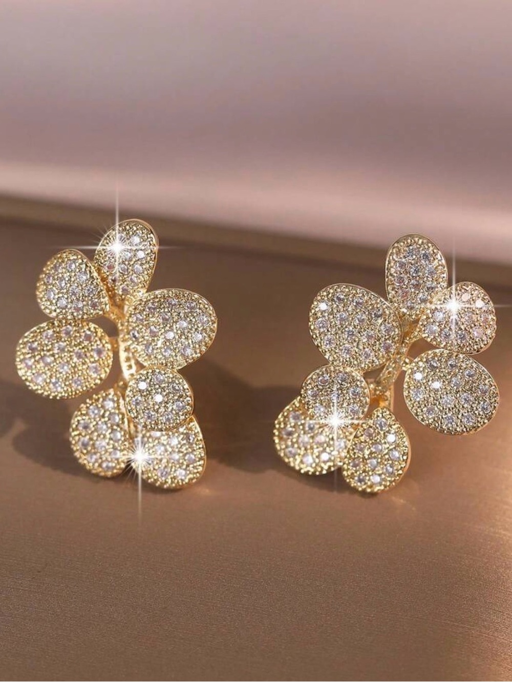 Gold Crystal Floral Cluster Stud Earrings - Elegant Women's Jewelry CZ